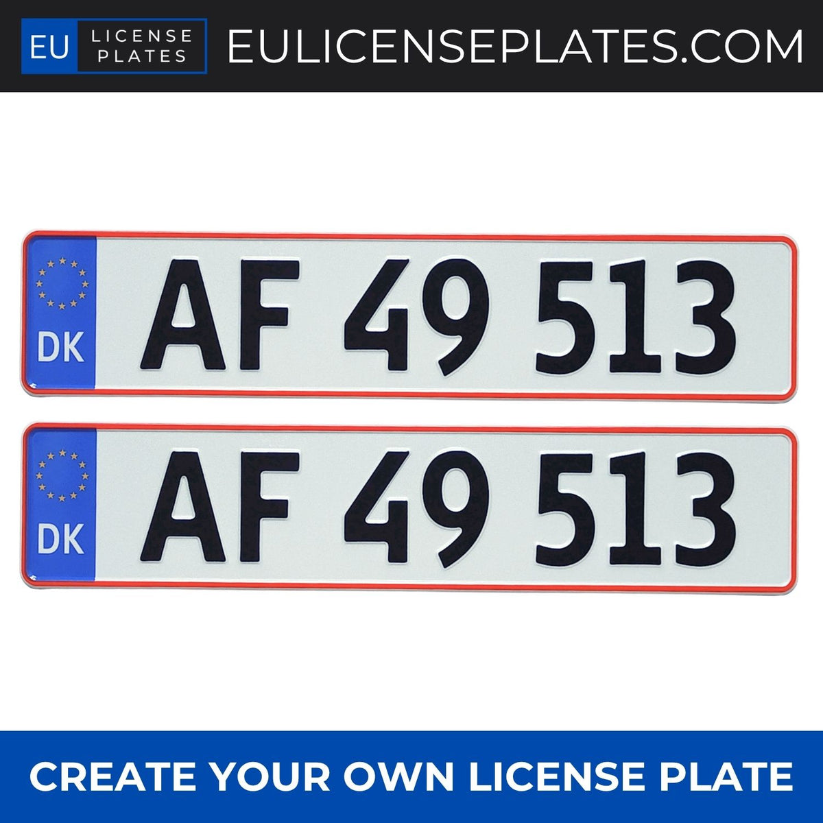 Custom Danish License Plates, Personalised Danish Number Plates, Replica Danish Registration Plates with Custom Text, Embossed Aluminium License Plates for Cars, Garages, Workshops, Collections and Displays