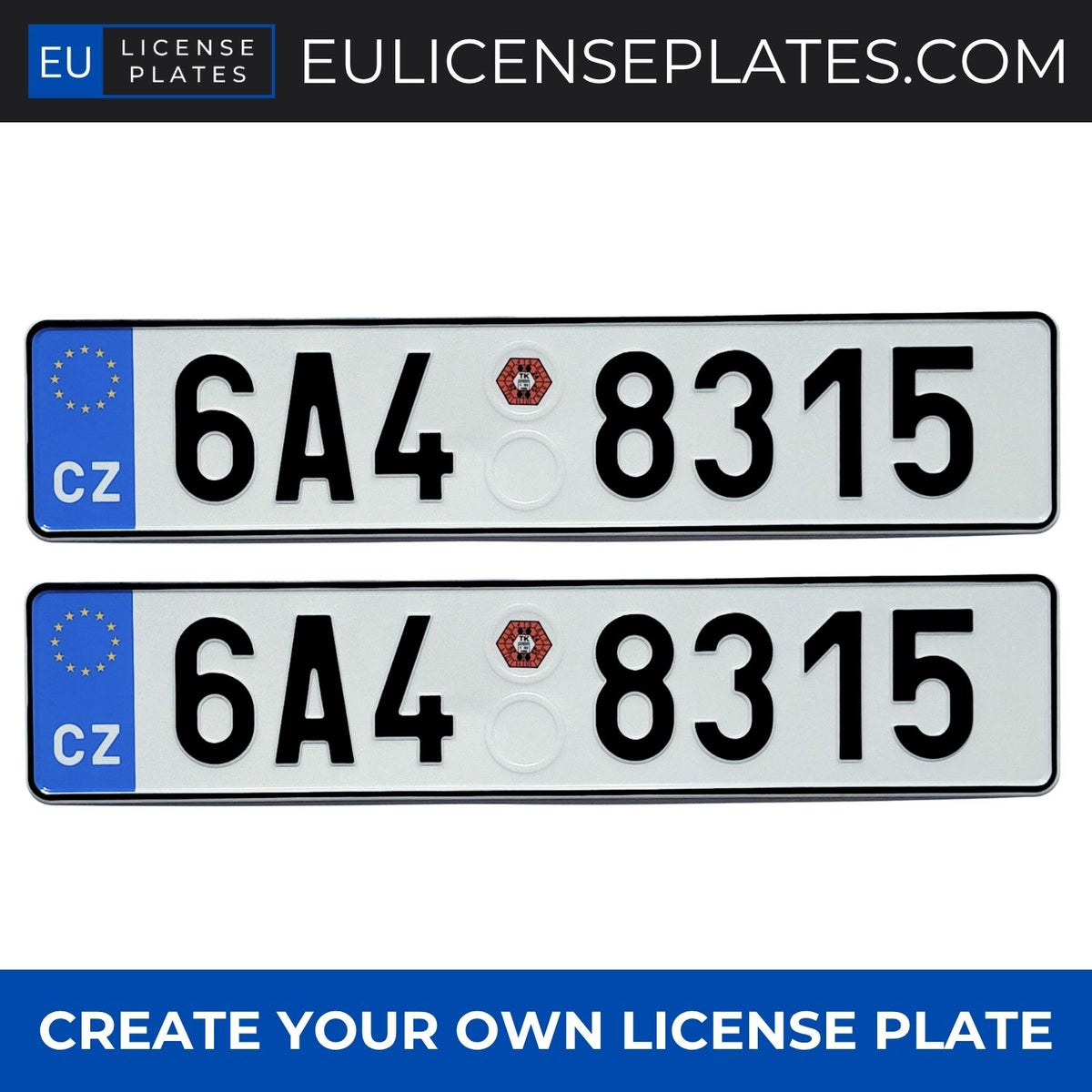 Custom Czech License Plates, Personalised Czech Number Plates, Replica Czech Registration Plates with Custom Text, Embossed Aluminium License Plates for Cars, Garages, Workshops, Collections and Displays