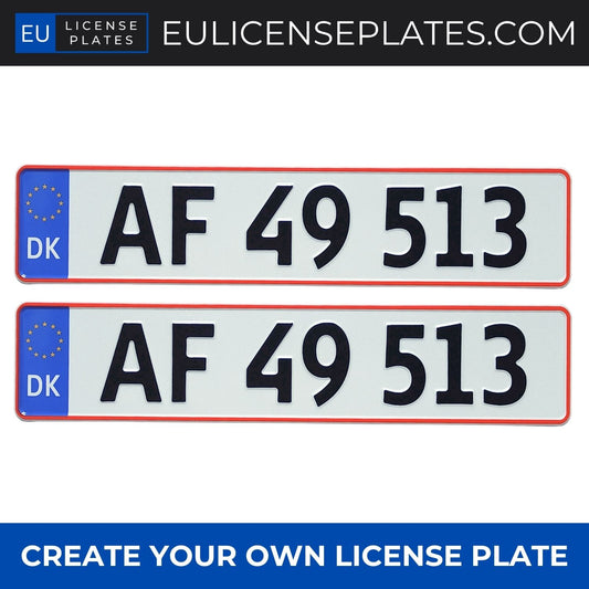 Custom Danish License Plates, Personalised Danish Number Plates, Replica Danish Registration Plates with Custom Text, Embossed Aluminium License Plates for Cars, Garages, Workshops, Collections and Displays